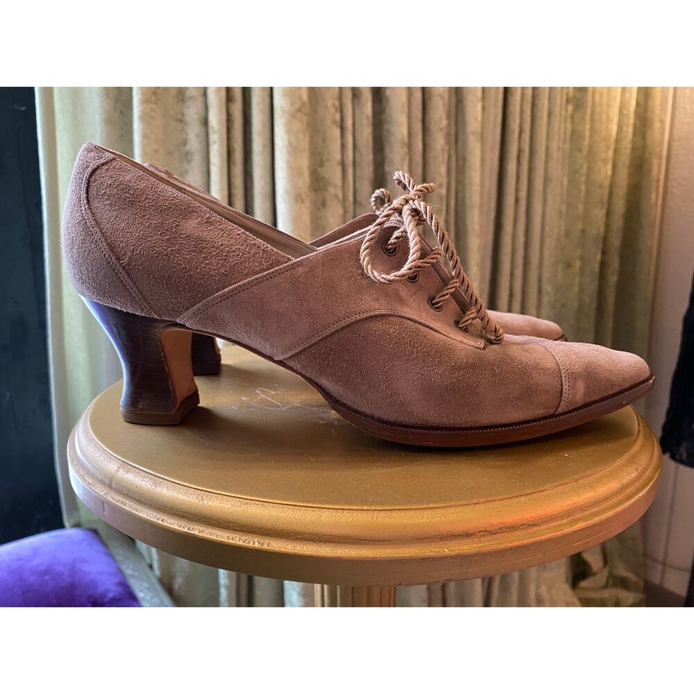vintage 1980s tan suede granny shoes victorian louis heel lace up saks fifth 8
